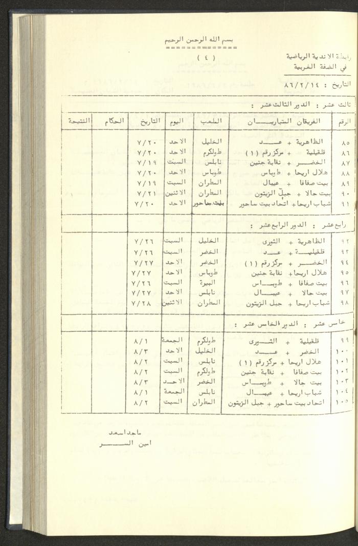 كتاب رابطة الأندية الرياضية في الضفة الغربية، 1984-1987