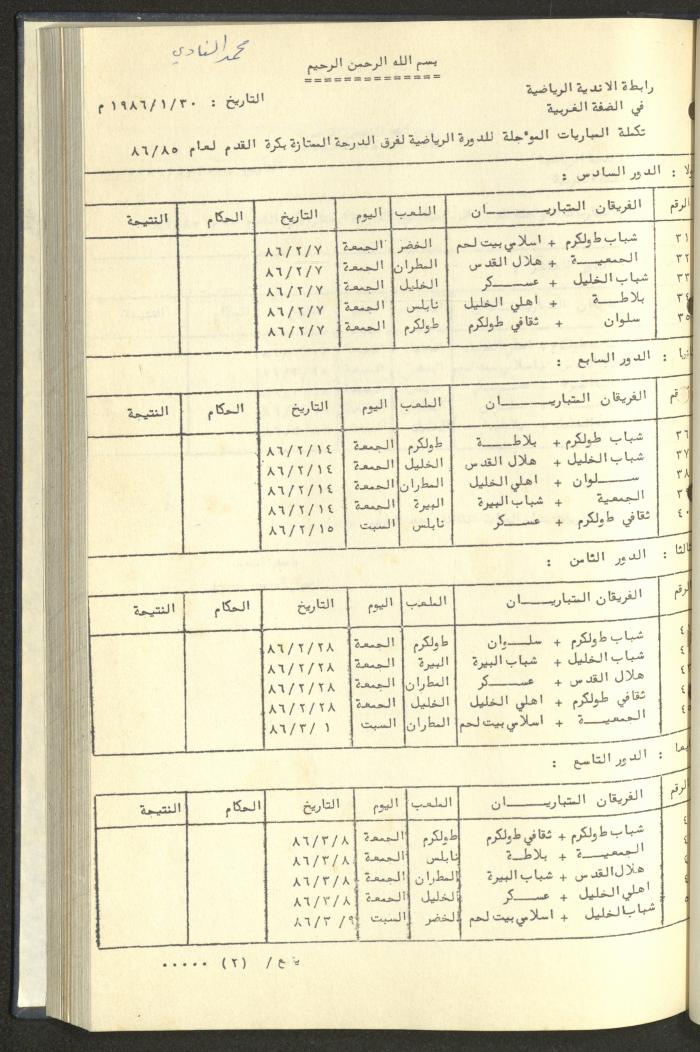كتاب رابطة الأندية الرياضية في الضفة الغربية، 1984-1987