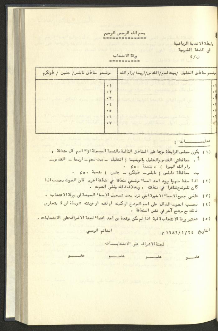 كتاب رابطة الأندية الرياضية في الضفة الغربية، 1984-1987