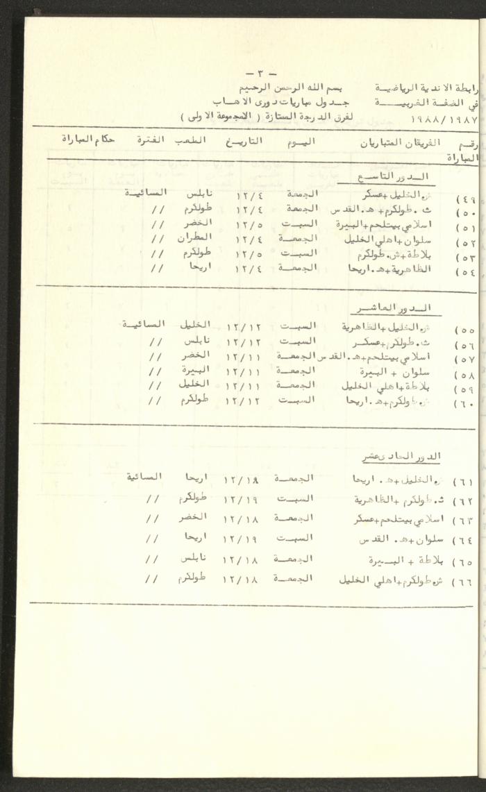 مراسلات رابطة الأندية الرياضية، الضفة الغربية، 1983-88