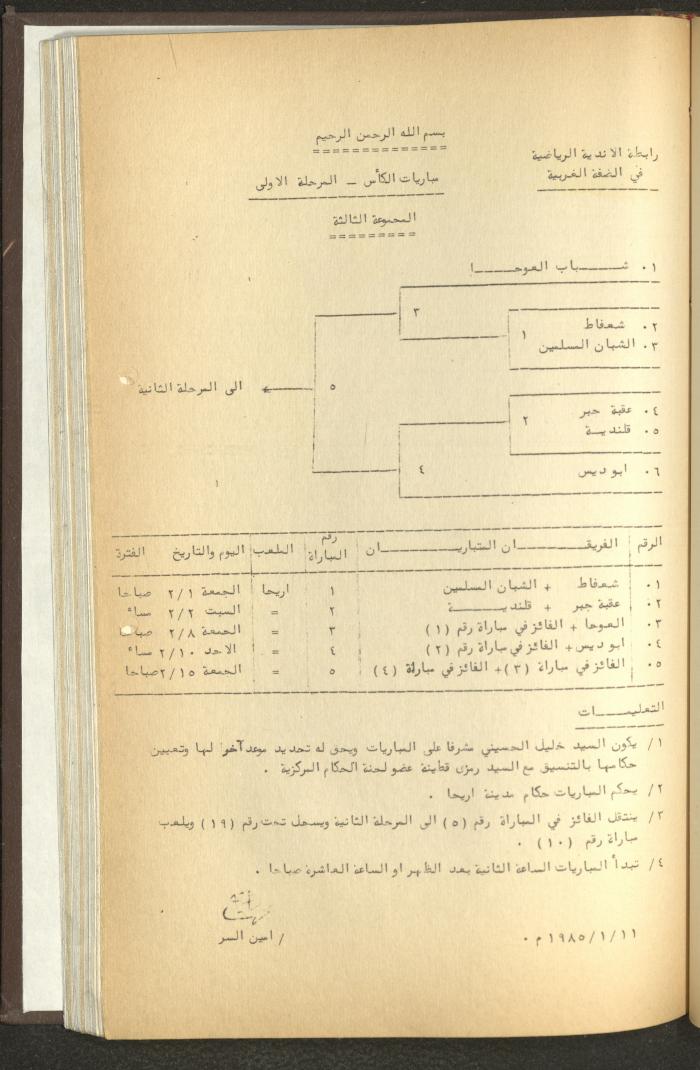 مراسلات رابطة الأندية الرياضية، الضفة الغربية، 1983-88