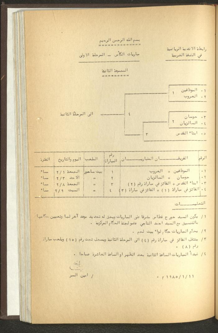 مراسلات رابطة الأندية الرياضية، الضفة الغربية، 1983-88