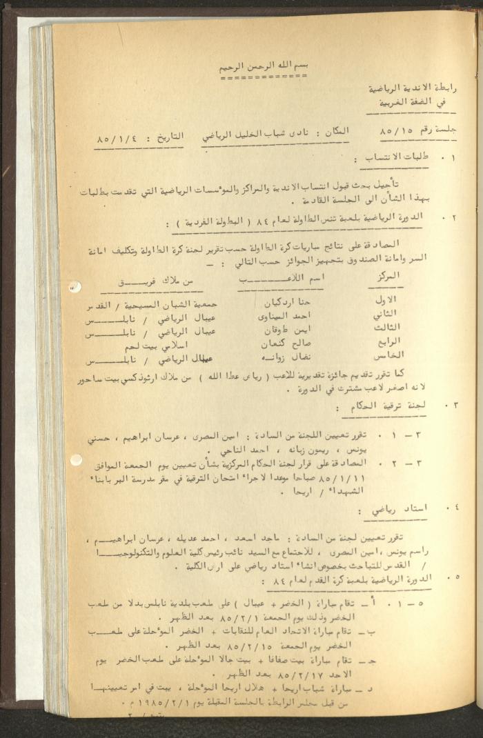 مراسلات رابطة الأندية الرياضية، الضفة الغربية، 1983-88