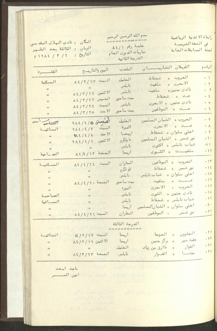 مراسلات رابطة الأندية الرياضية، الضفة الغربية، 1983-88