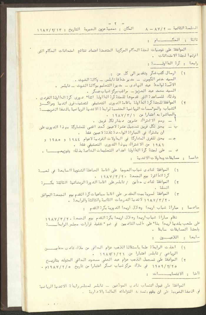 مراسلات رابطة الأندية الرياضية، الضفة الغربية، 1983-88