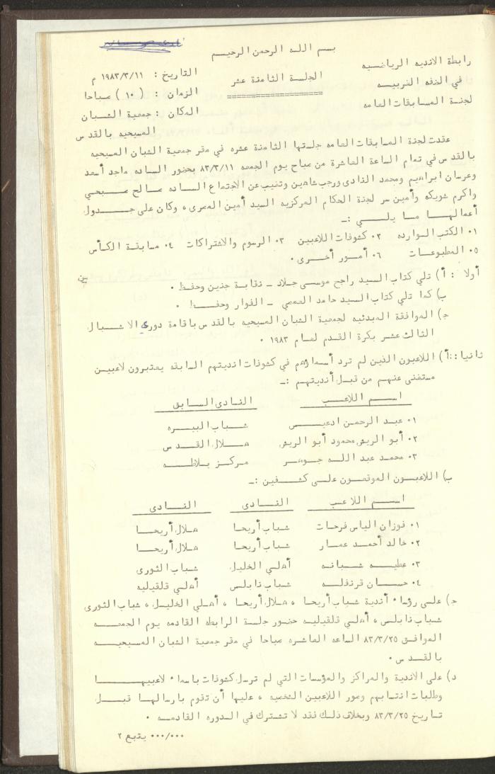 مراسلات رابطة الأندية الرياضية، الضفة الغربية، 1983-88
