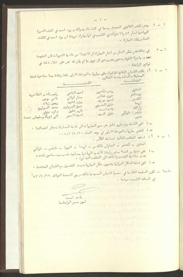 مراسلات رابطة الأندية الرياضية، الضفة الغربية، 1983-88