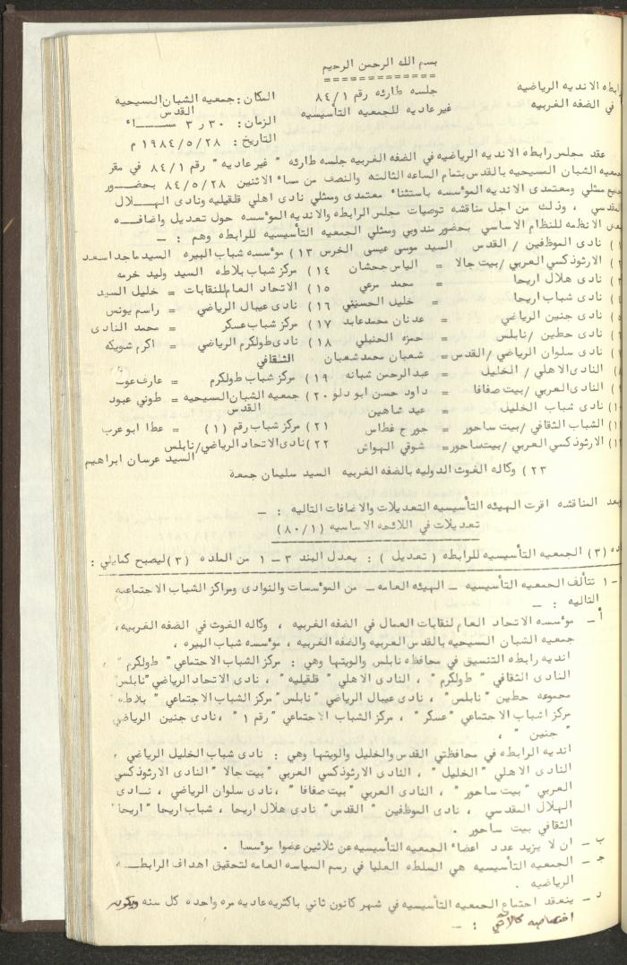 مراسلات رابطة الأندية الرياضية، الضفة الغربية، 1983-88