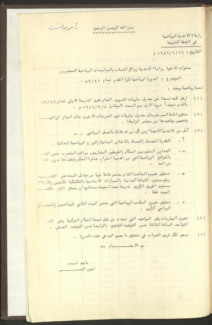 مراسلات رابطة الأندية الرياضية، الضفة الغربية، 1983-88