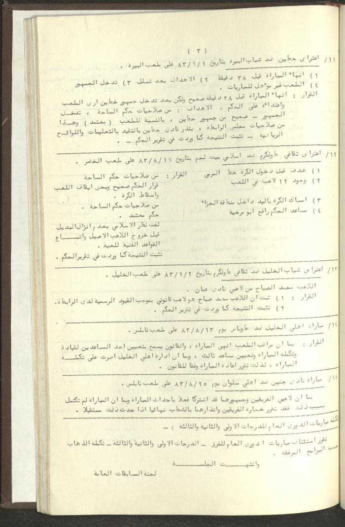 مراسلات رابطة الأندية الرياضية، الضفة الغربية، 1983-88