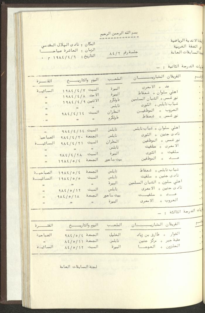 مراسلات رابطة الأندية الرياضية، الضفة الغربية، 1983-88