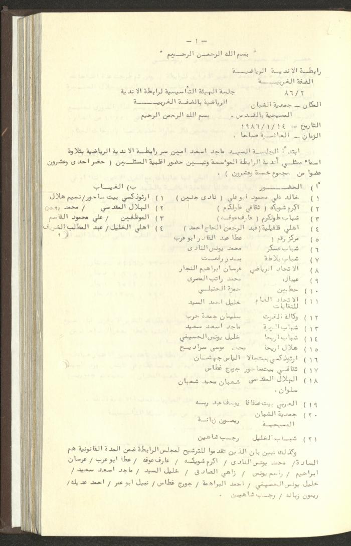 مراسلات رابطة الأندية الرياضية، الضفة الغربية، 1983-88