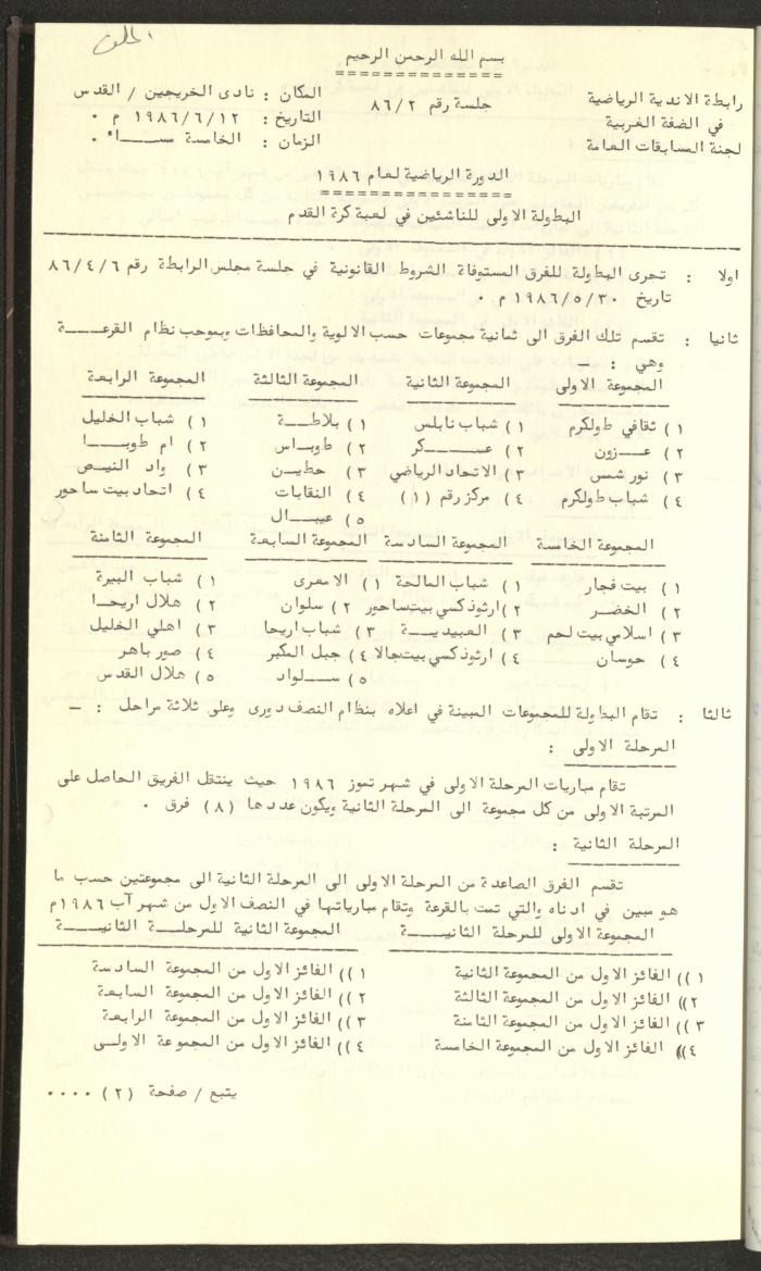 مراسلات رابطة الأندية الرياضية، الضفة الغربية، 1983-88