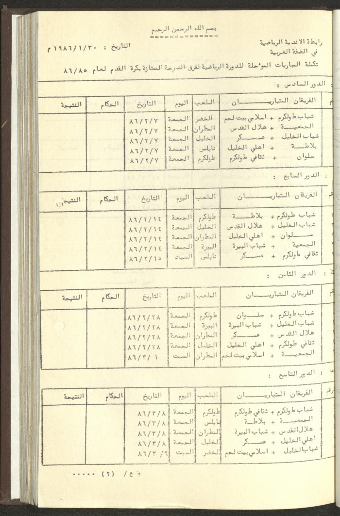 مراسلات رابطة الأندية الرياضية، الضفة الغربية، 1983-88