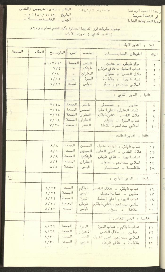 مراسلات رابطة الأندية الرياضية، الضفة الغربية، 1983-88