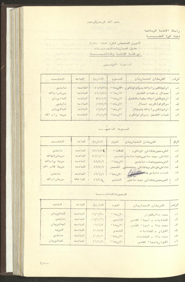 مراسلات رابطة الأندية الرياضية، الضفة الغربية، 1983-88