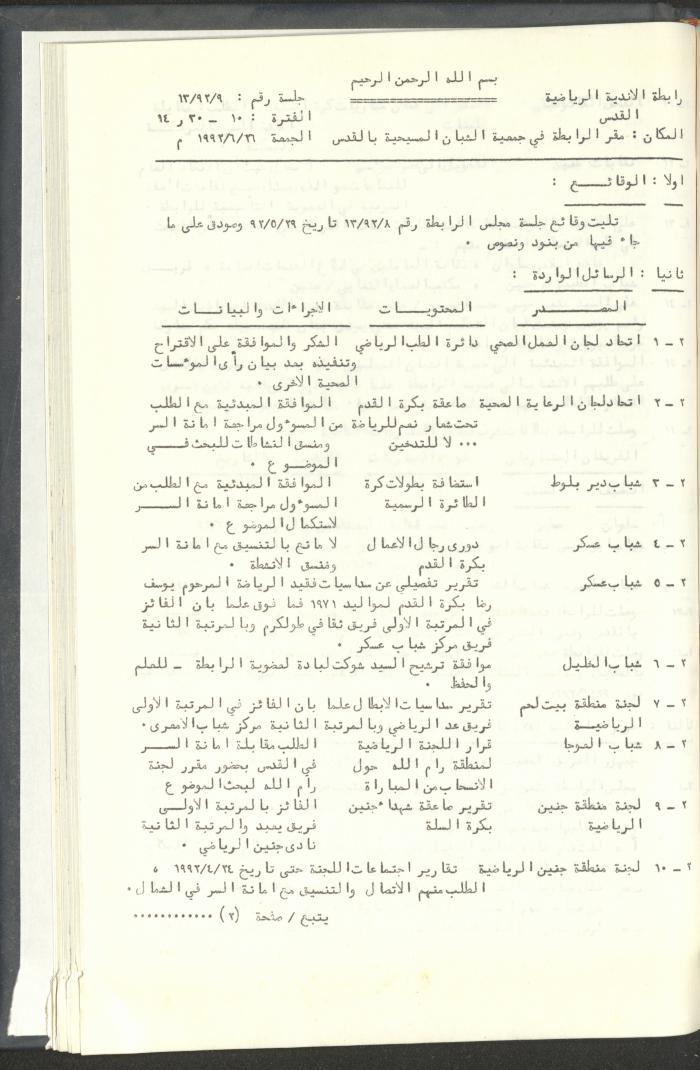 مراسلات رابطة الأندية الرياضية، القدس، 1992-93