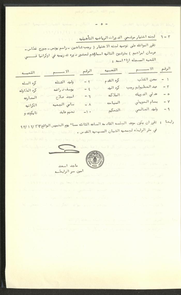 مراسلات رابطة الأندية الرياضية، القدس، 1992-93