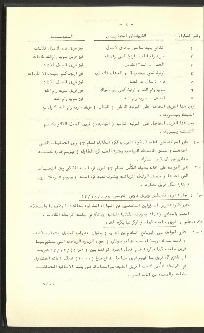 مراسلات رابطة الأندية الرياضية، القدس، 1992-93