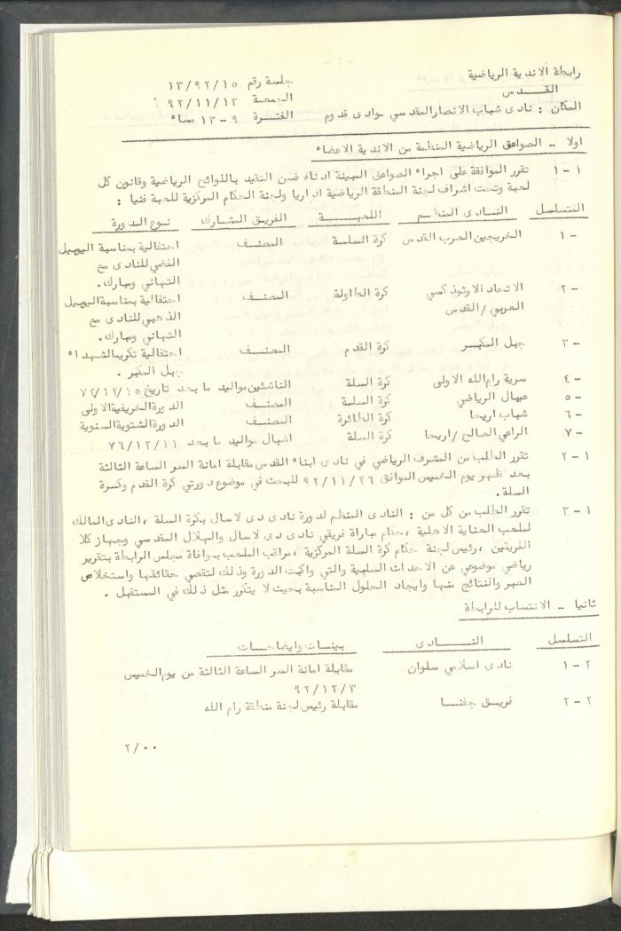 مراسلات رابطة الأندية الرياضية، القدس، 1992-93