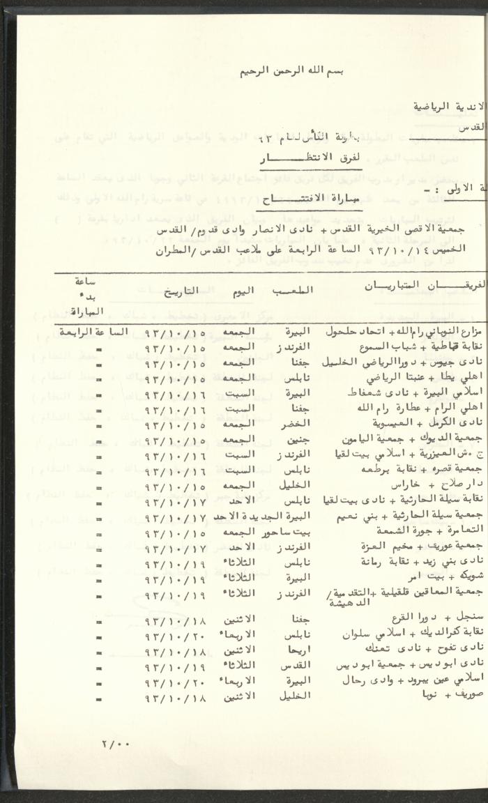 مراسلات رابطة الأندية الرياضية، القدس، 1992-93
