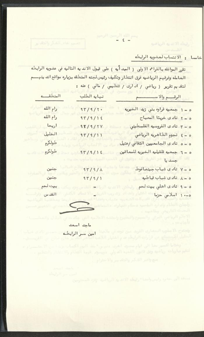 مراسلات رابطة الأندية الرياضية، القدس، 1992-93