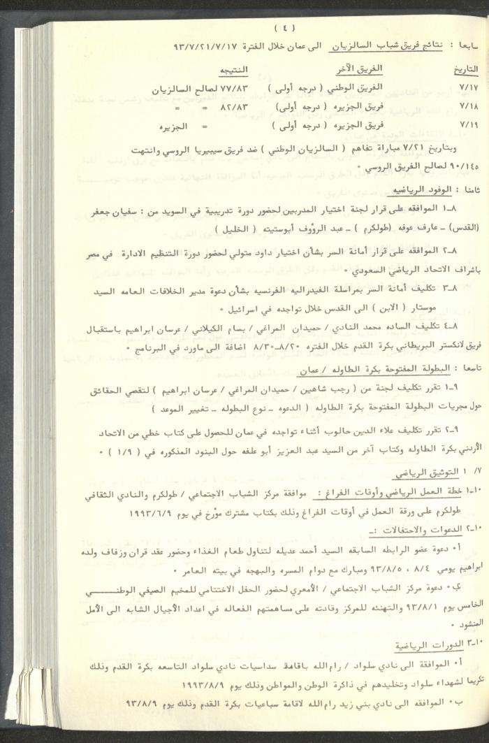 مراسلات رابطة الأندية الرياضية، القدس، 1992-93