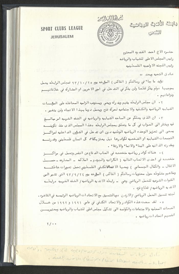 Correspondences of the Sport Clubs League, Jerusalem, 1987-94