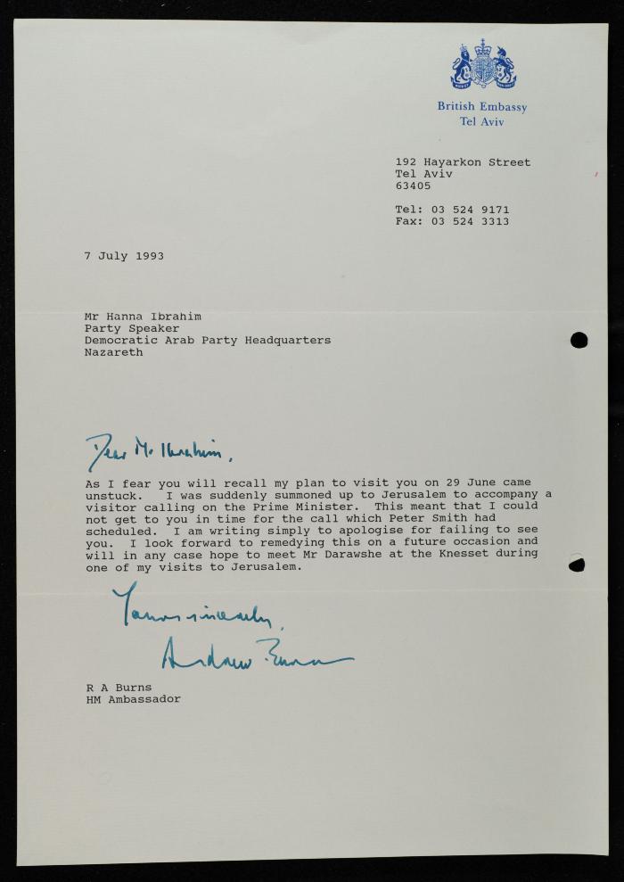 A Letter Sent to Hanna Ibrahim, 7 July 1993