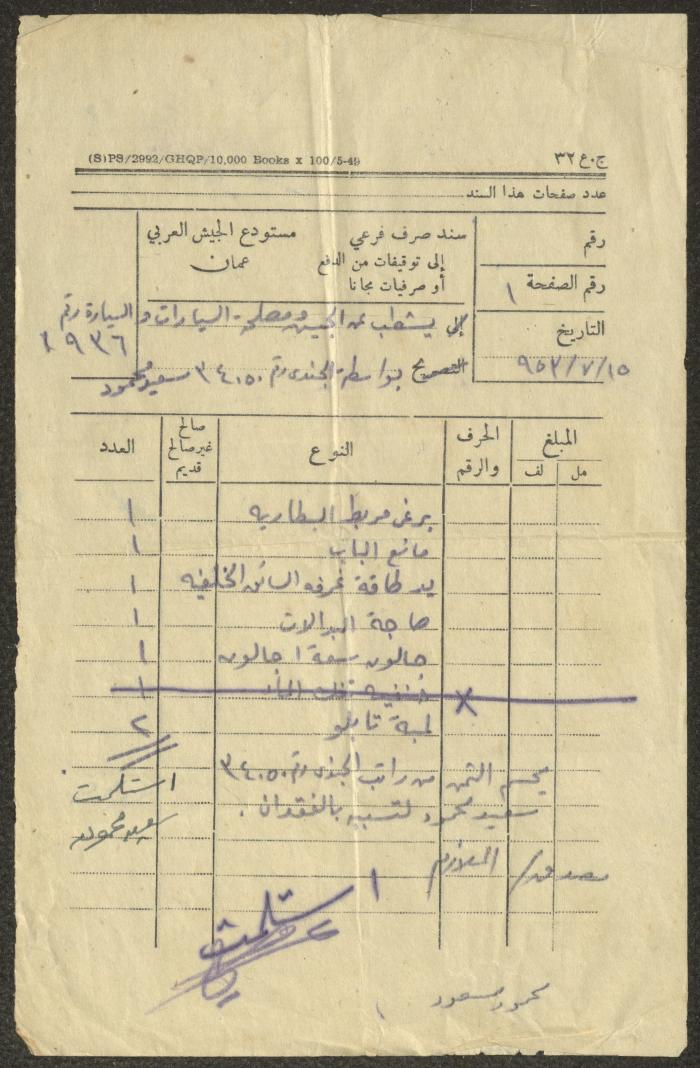 Sub-Revenue Voucher by the Arab Army Warehouse, Amman, 15 July 1953
