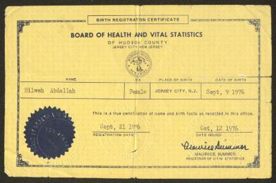 شهادة ولادة لحلوة عبد الله، 9 أيلول 1976