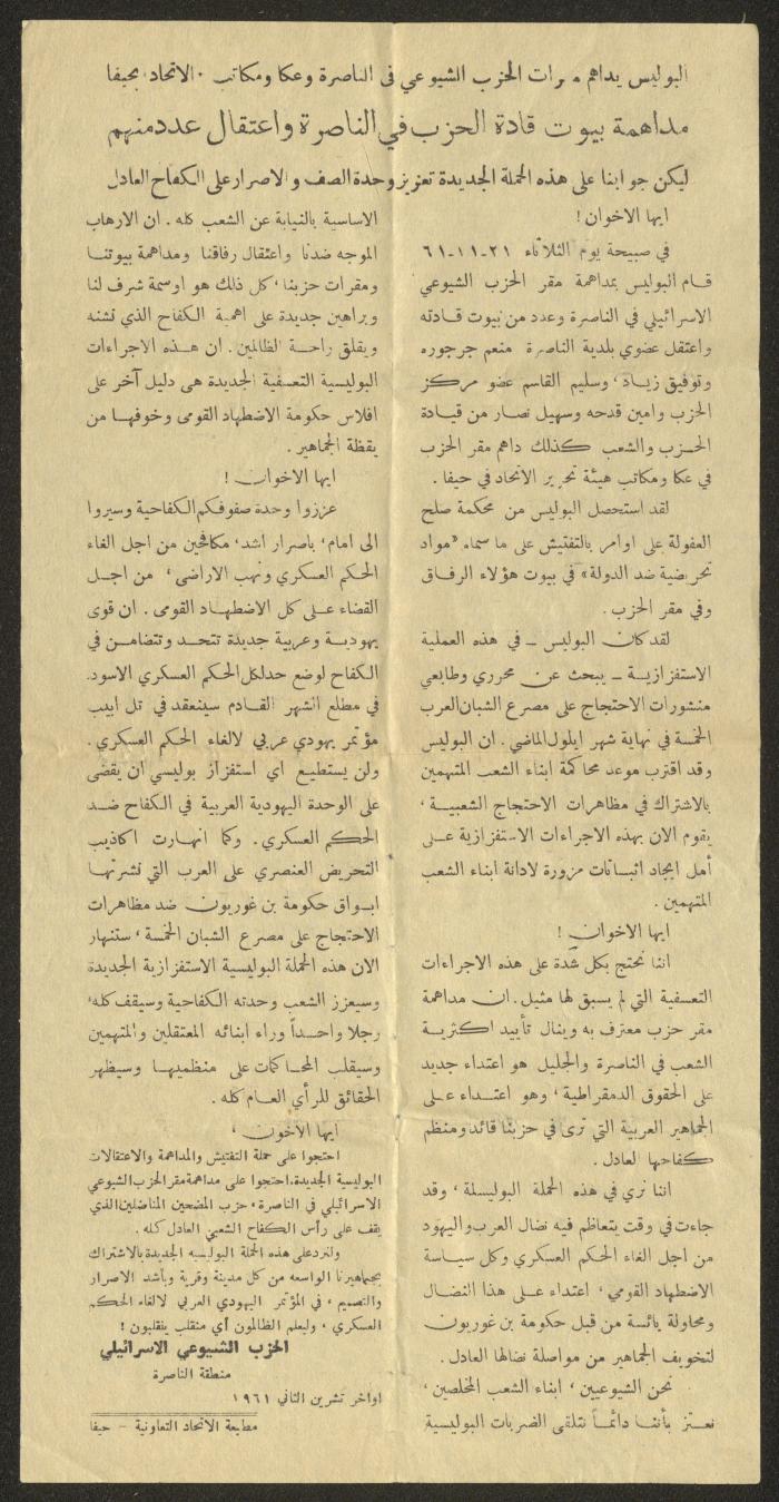 بيان عن الحزب الشيوعي الإسرائيلي، الناصرة، تشرين الثاني 1961