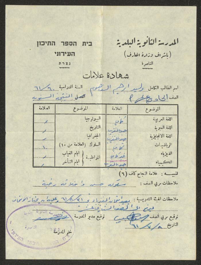 شهادة علامات مدرسية لوليد الفاهوم، 8 تموز 1961