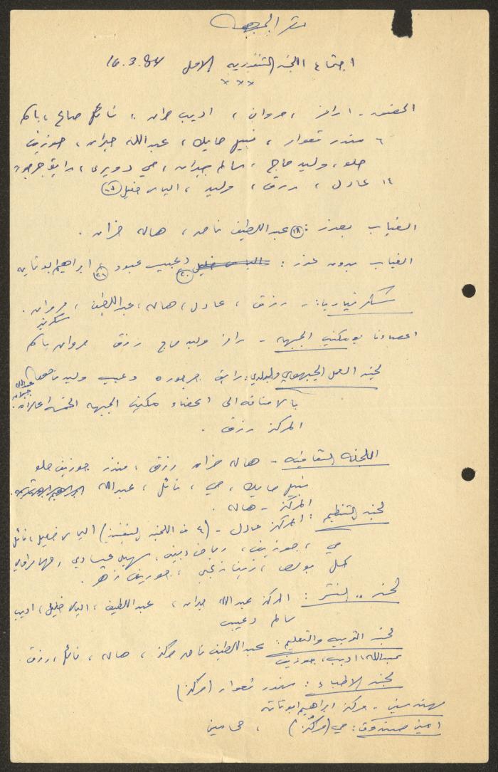 محضر اجتماع لجنة العمل الجبهوي والبلدي التنفيذية، 10 آذار 1984