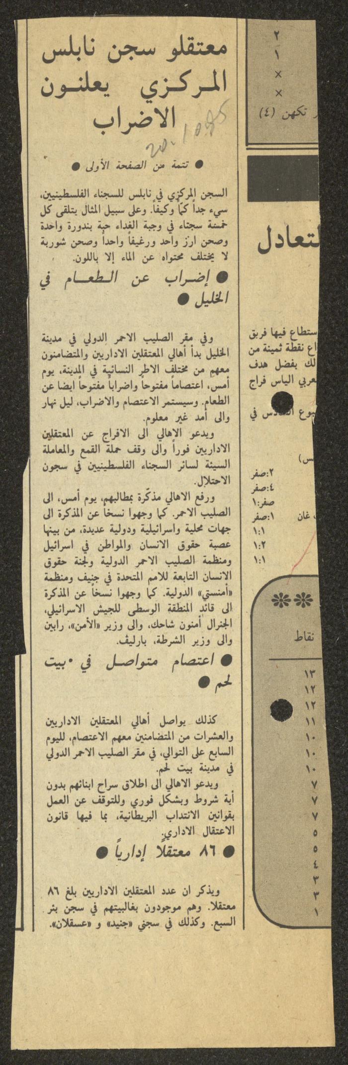 قصاصة من جريدة الاتحاد، 20 تشرين الأول 1985