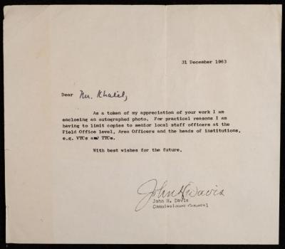 A Letter from the Commissioner General of the UNRWA to Salameh Khalil, 31 December 1963 