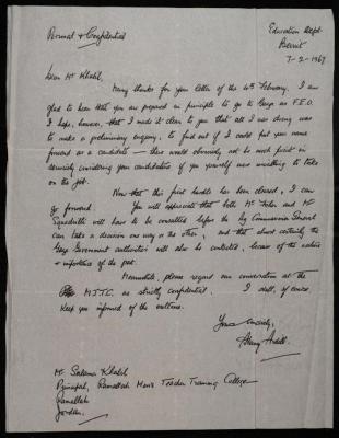 A letter from the Education Directorate Representative at the UNRWA to Salameh Khalil, Beirut, 7 February 1967