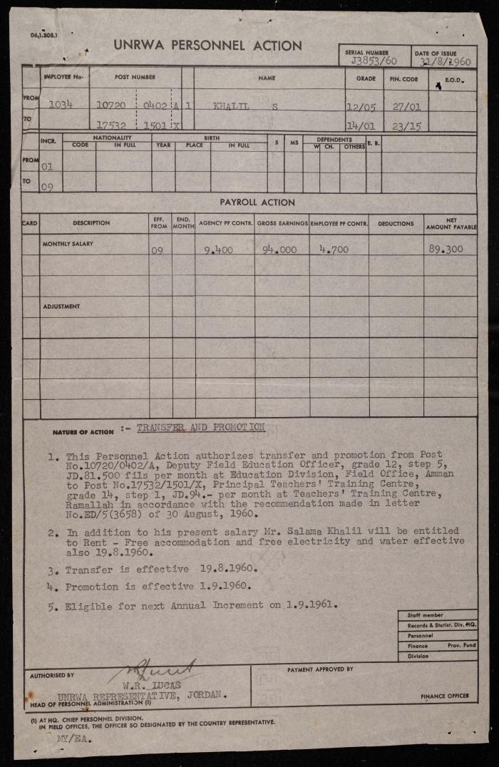 The Letter Appointing Salameh Khalil as the Teachers' Training Centre's Director in Ramallah, 31 August 1960 