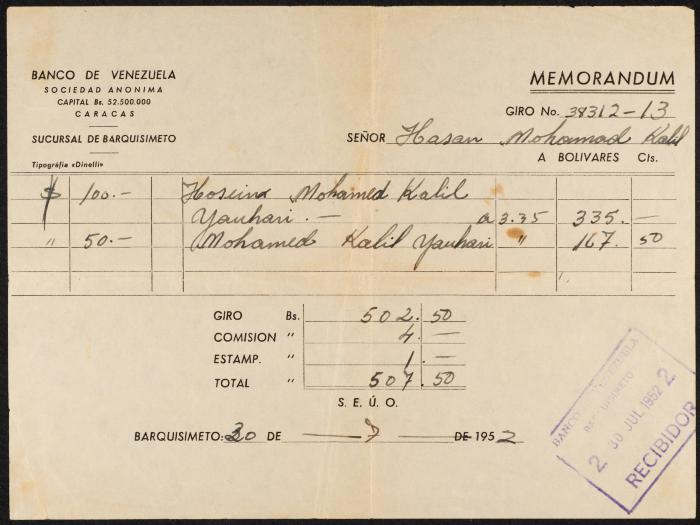 A Receipt by a Bank in Venezuela, 30 July 1952