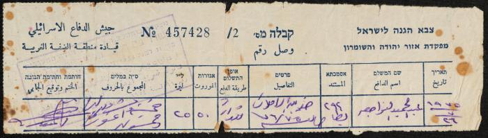 Property Tax Payment Receipt for Abdel-Hamid Nawaj'a, Yatta, 26 July 1975 