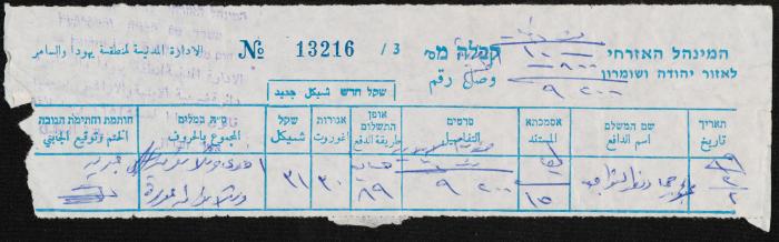Property Tax Payment Receipt for Abdel-Hamid Nawaj'a, Yatta, 2 February 1989