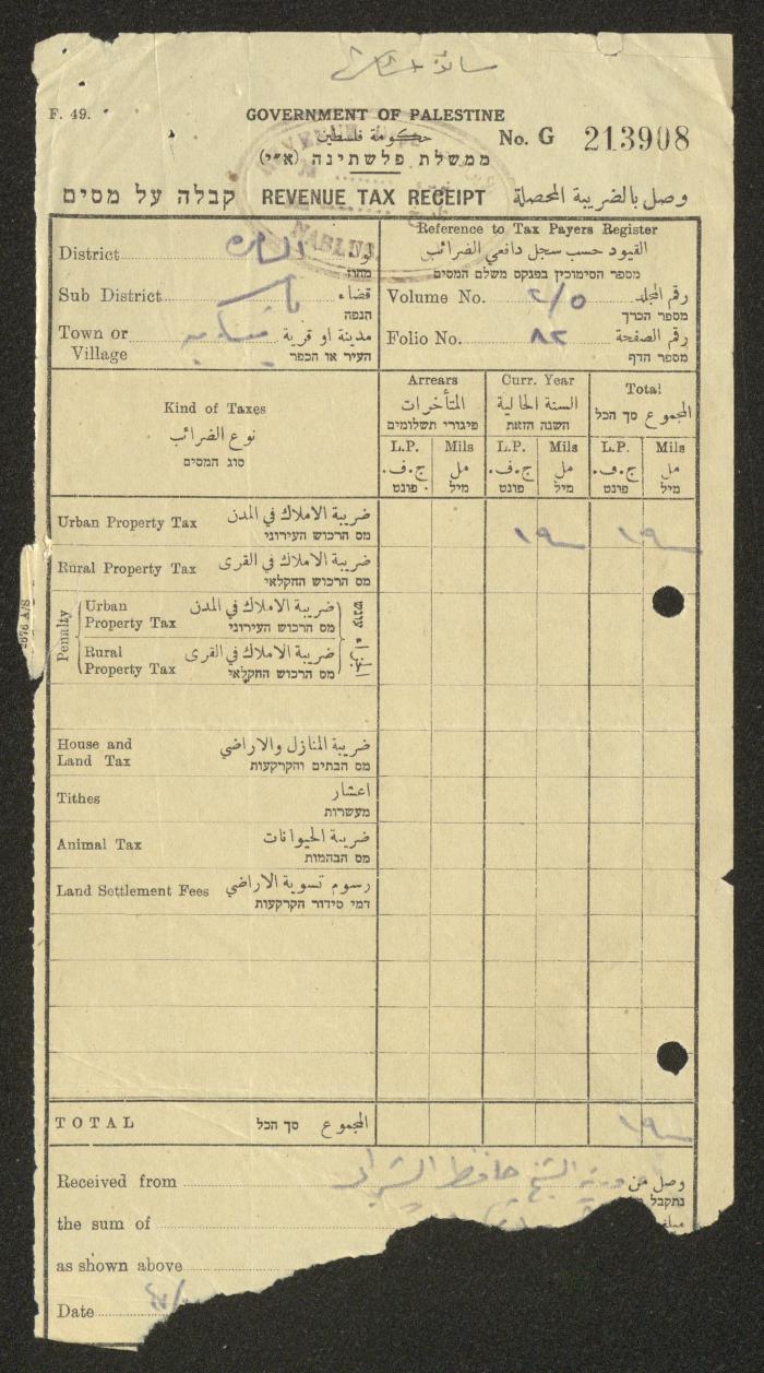 وصل تحصيل ضريبي صادر لورثة حافظ الشرابي، نابلس، 1947