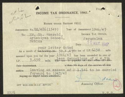 A Notice by the Income Tax Office in Jerusalem for Ghufran Sharabi, 10 May 1947