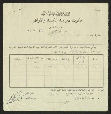 إخبار تخمين ضريبة صادر باسم غفران شرابي، نابلس، 6 آذار 1954