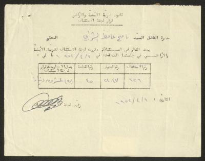 رسالة من رئيس لجنة تخمين الضريبة لناصح شرابي، نابلس، 9 نيسان 1952