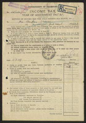 Income Tax Assessment Form for Ghufran Sharabi, Jerusalem, 1947
