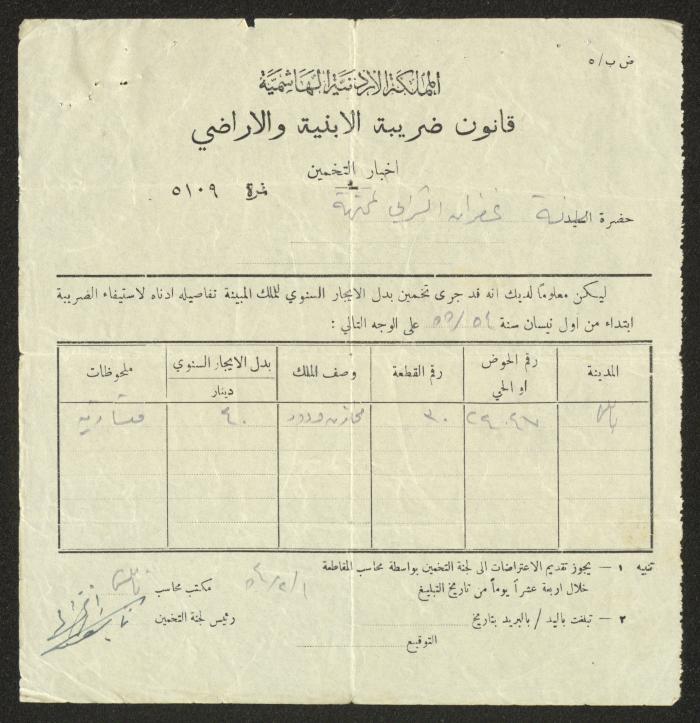 إخبار تخمين ضريبة صادر باسم غفران شرابي، نابلس،1 شباط 1954