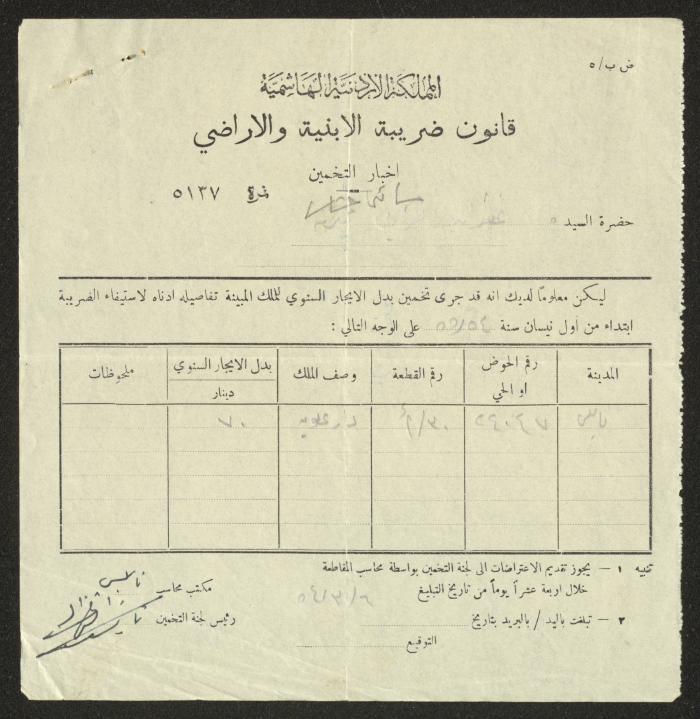 إخبار تخمين ضريبة صادر باسم غفران شرابي، نابلس، 6 آذار 1954
