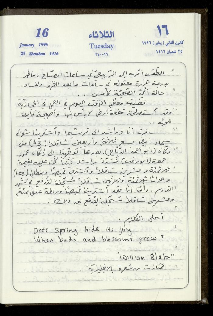 دفتر يوميات فندي مهنا، البقيعة- الجليل الأعلى، 1996