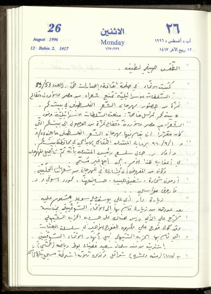 دفتر يوميات فندي مهنا، البقيعة- الجليل الأعلى، 1996
